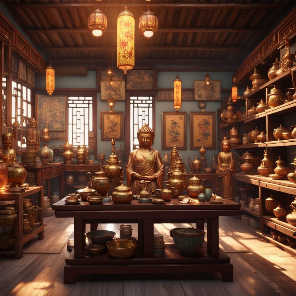 Vintage Chinese Shop Interior with Wares in 3D