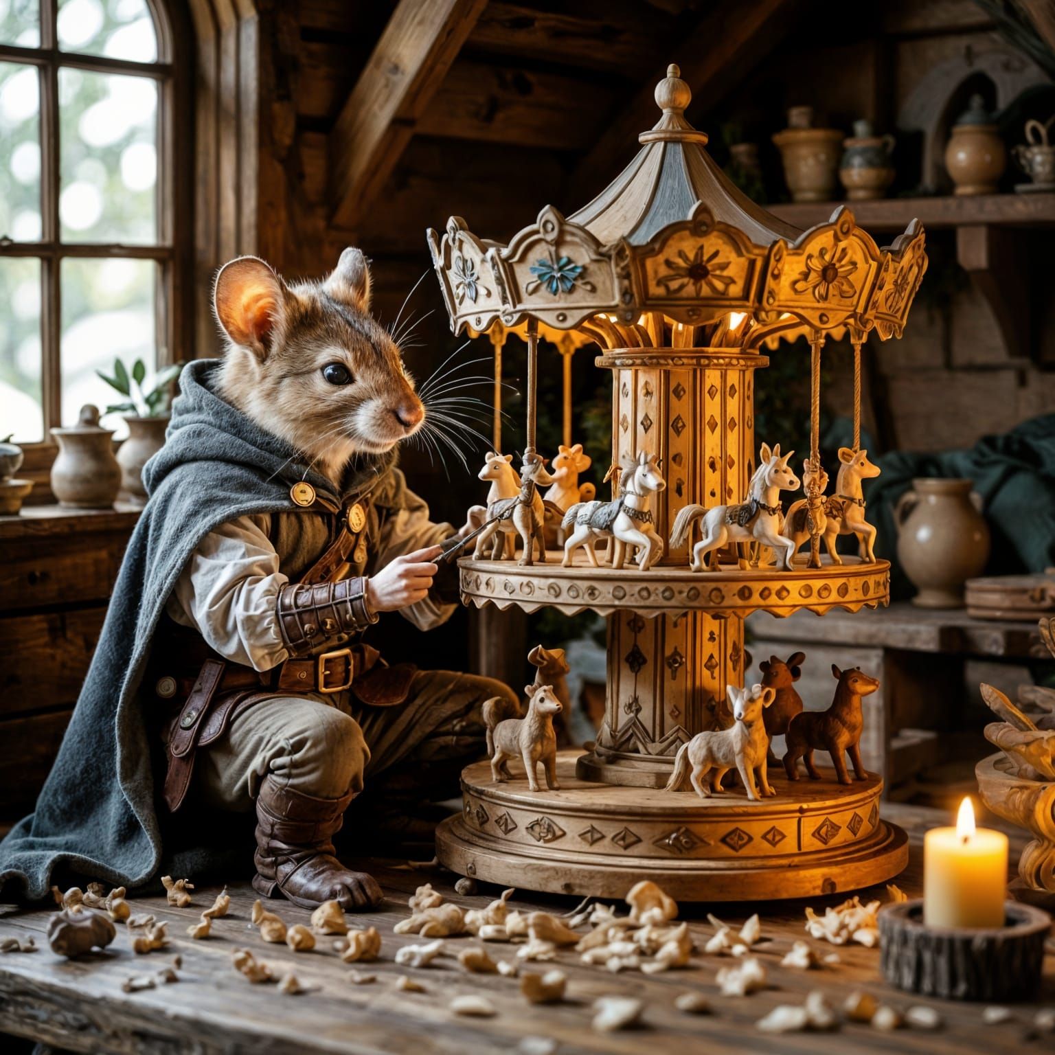 Finn, the anthropomorphic forest mouse adventurer and bard-ranger, is sitting in his cozy woodland workshop, ...  by @Zhopen