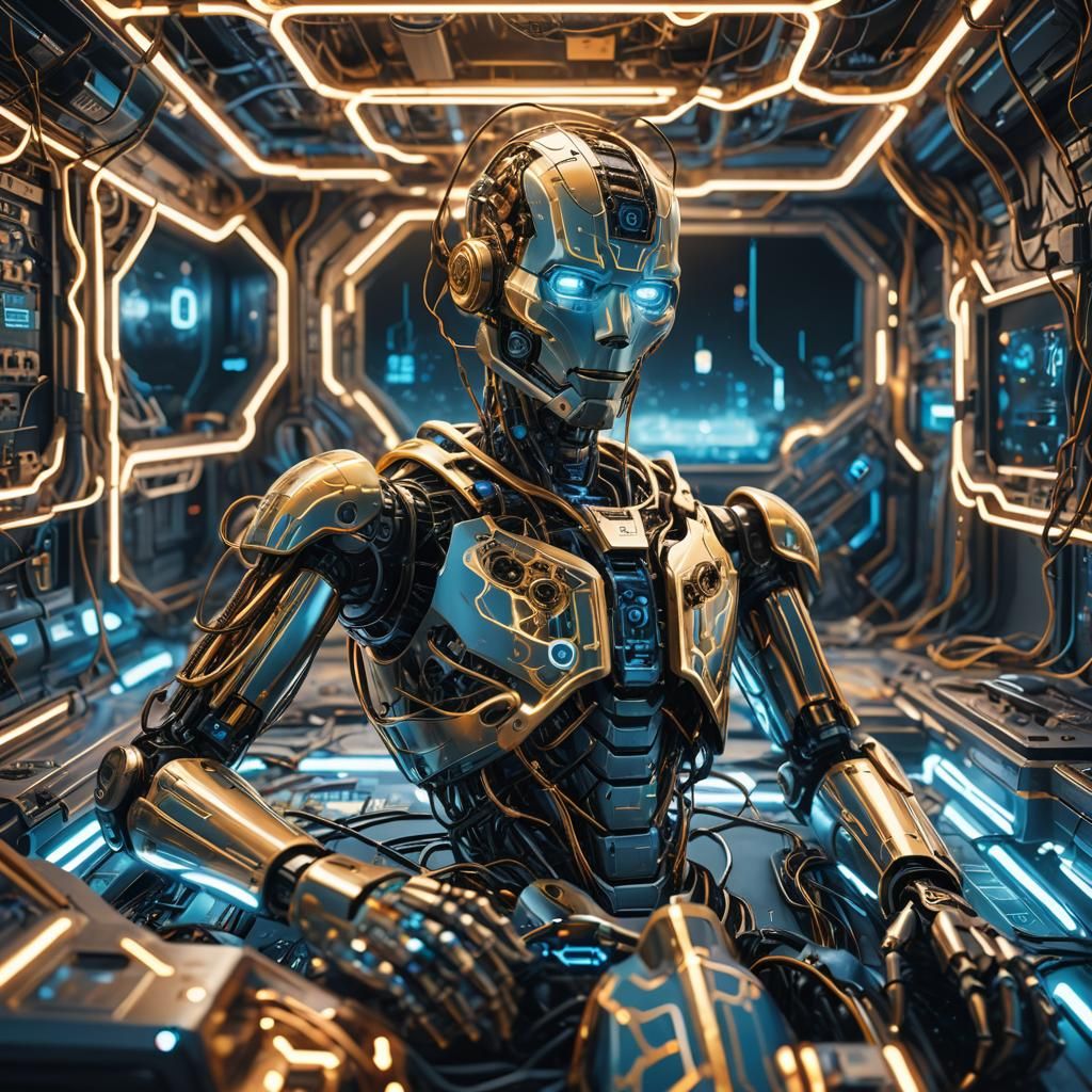 AI Robot Asleep in Futuristic Cyberpunk Bed