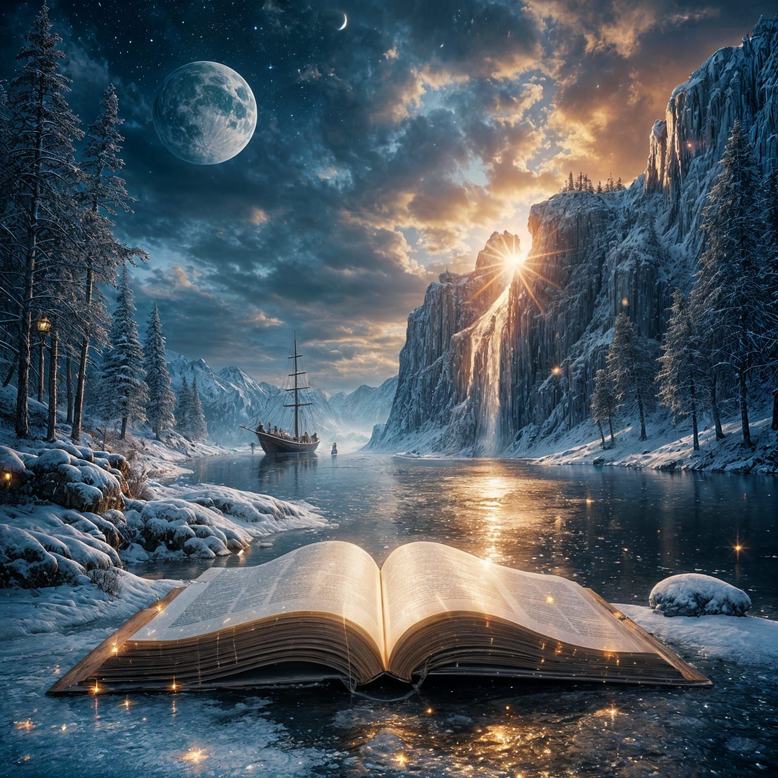 the painting is a fantastical and evocative depiction of a landscape emerging from an open book. Here ...  by @Likra