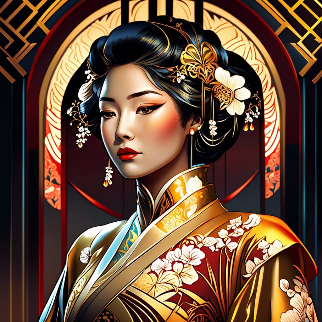 Geisha, extremely delicate clothing details, beautiful face, Greg Rutkowski, Alphonse Mucha, color graded, ...  by @undefined