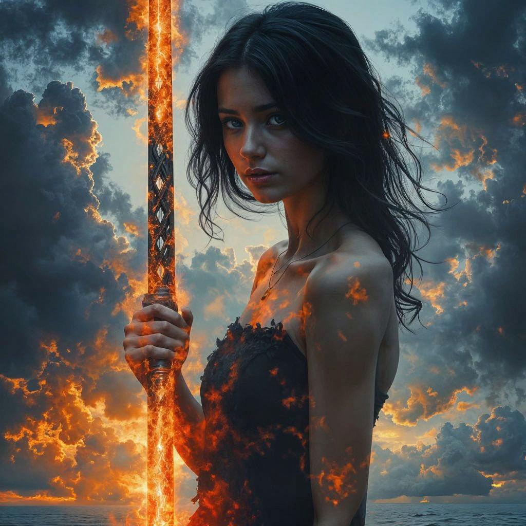 <lora:MJ6-1 DExposure:1.0> A young woman, her face etched with determination, stands against a backdrop of swirling watercolor textures. She...