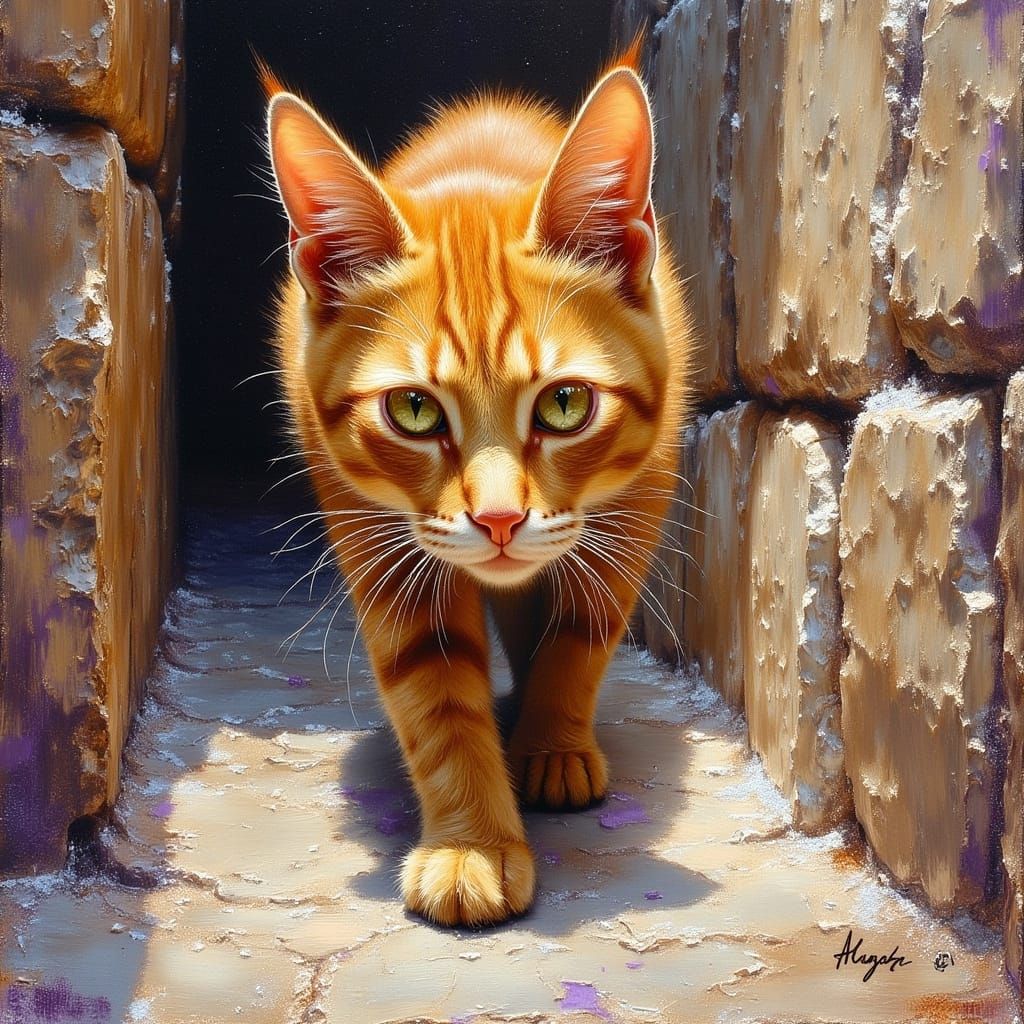 Ginger Tabby Cat in Stone Alley, Impasto Painting