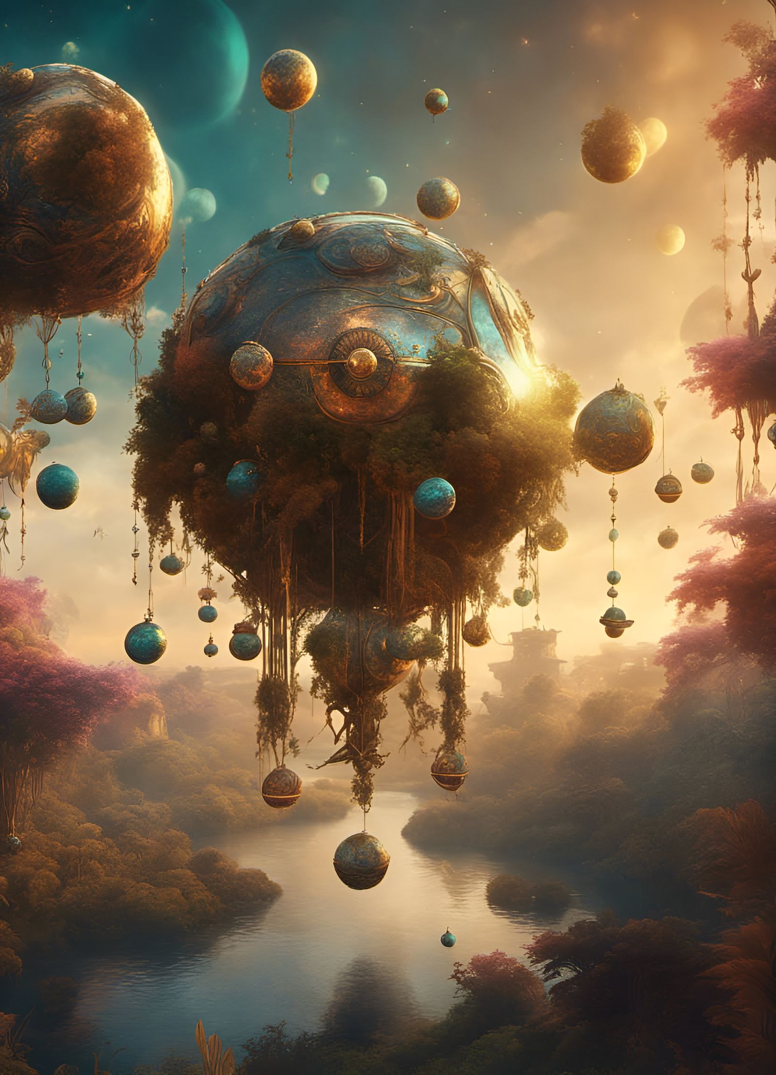 Surreal Spaceship with Ancient Plants, Art Nouveau Style