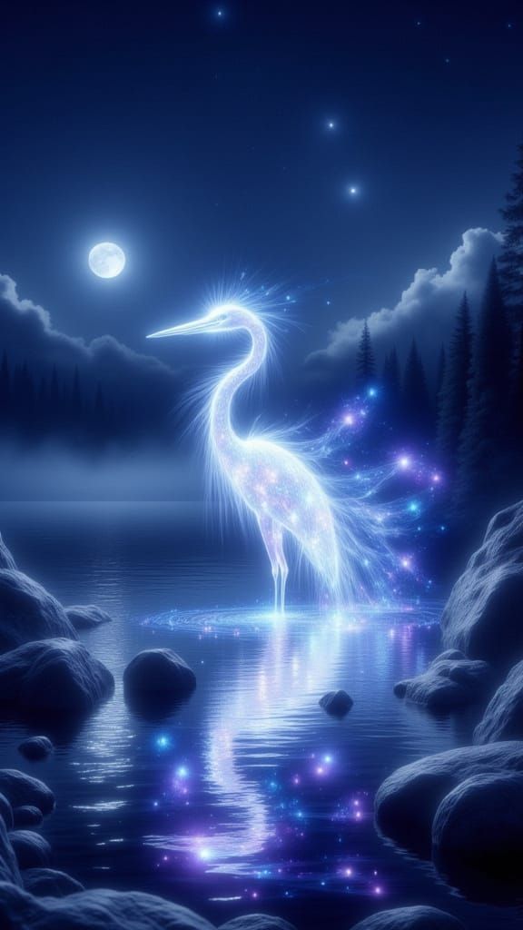 <lora:FOPORadiantLight:1.0> <lora:ghostly mirage:1.0> A lone heron made of bright light standing in a lake at night, a f...