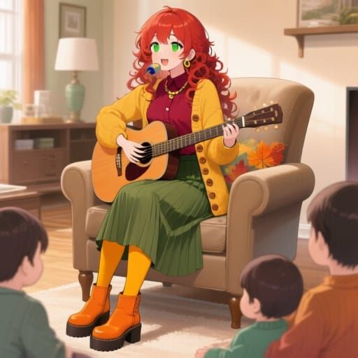 The thanksgiving outfit playing guitar ( anime style)