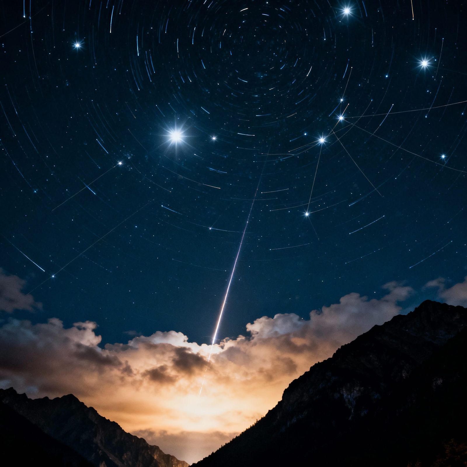 Mystical Night Sky Portal with Shooting Star and Mountains