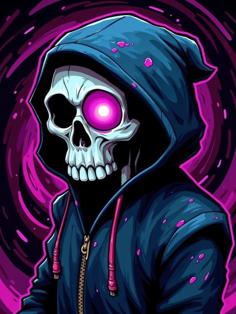 <lora:Bold lines:1.0> <lora:New school design:1.0> A skull wearing a dark hooded jacket, with a vibrant third eye open on its forehead, set ...