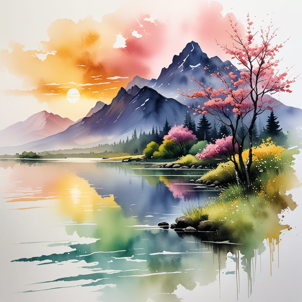 Watercolor River Scene at Twilight