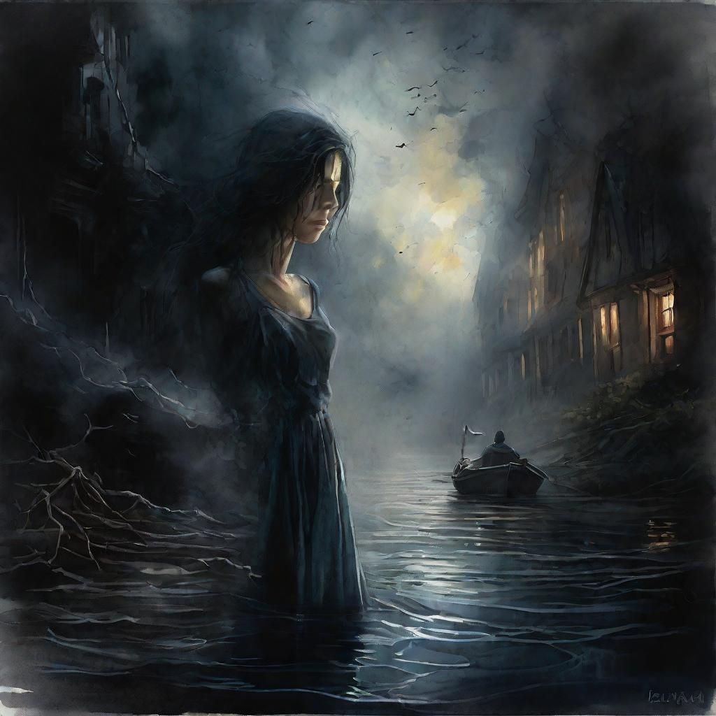Dark and moody, etherial smoke, sadness, water colour edges,...