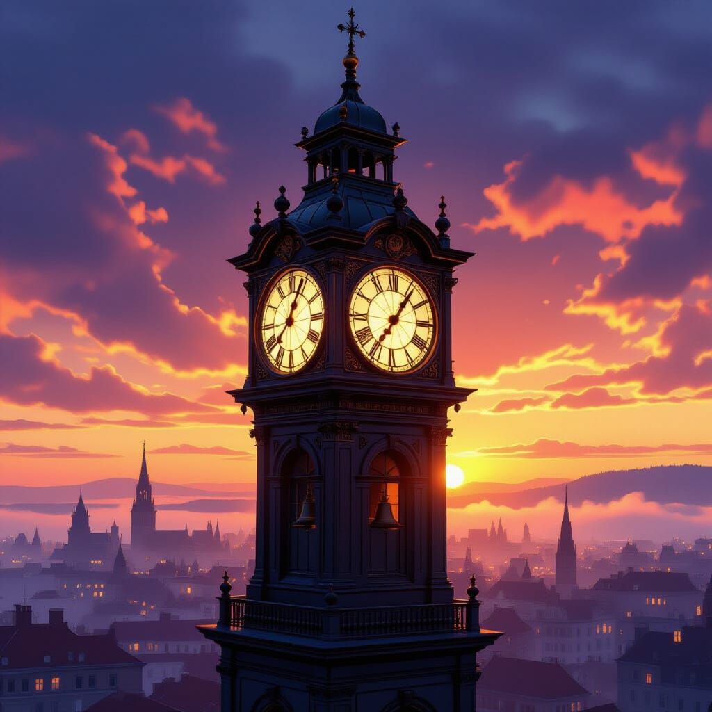 An old clock tower at sunset, its large antique clock striking the hour in the quiet evening. The sound of bells echoes through the air. The...