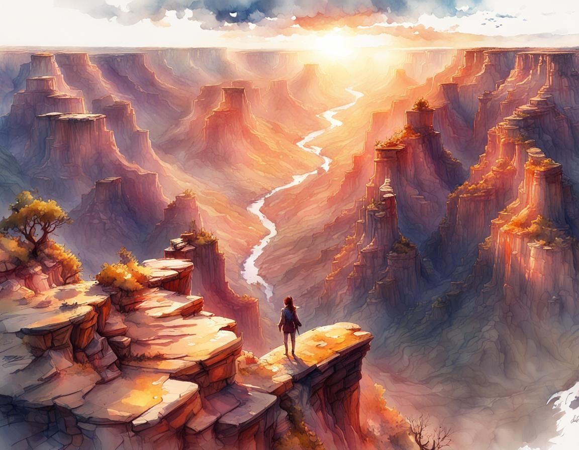 Great canyon , sunset, watercolor, splash art effect, Magica...