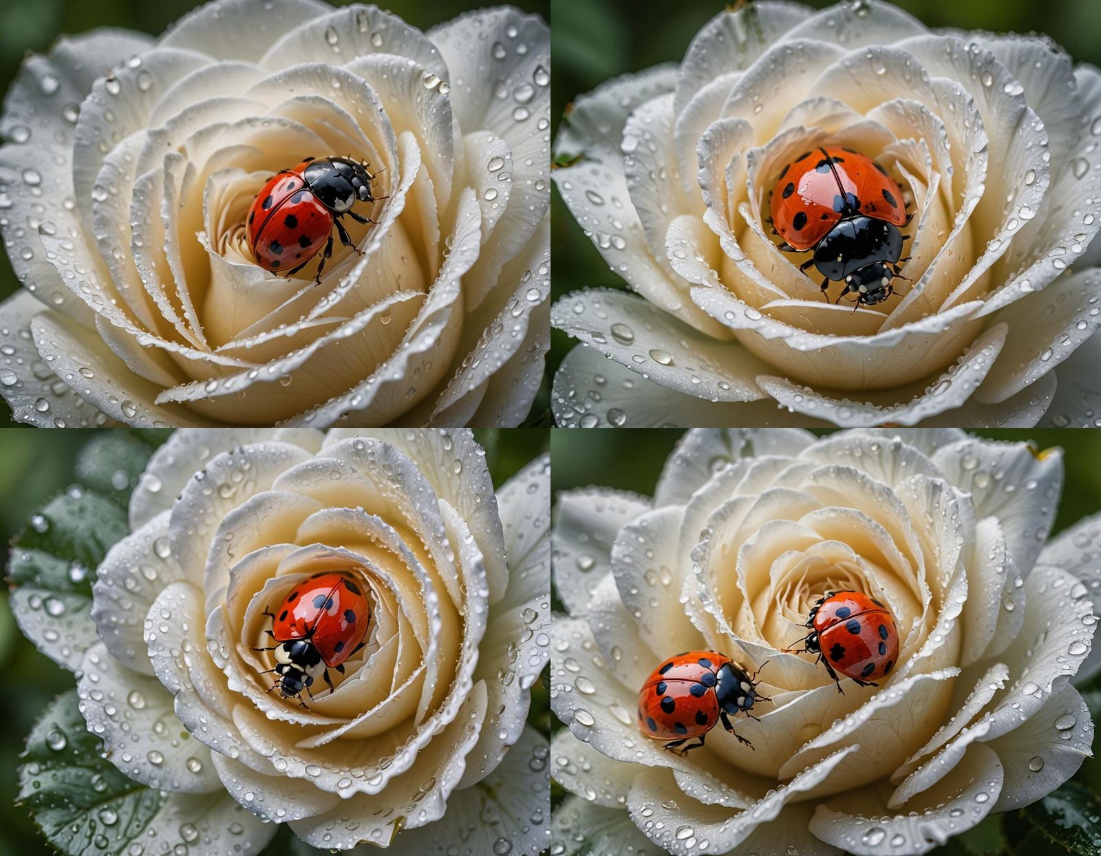macrophotography of a ladybug on a dewy white rose flower pe...