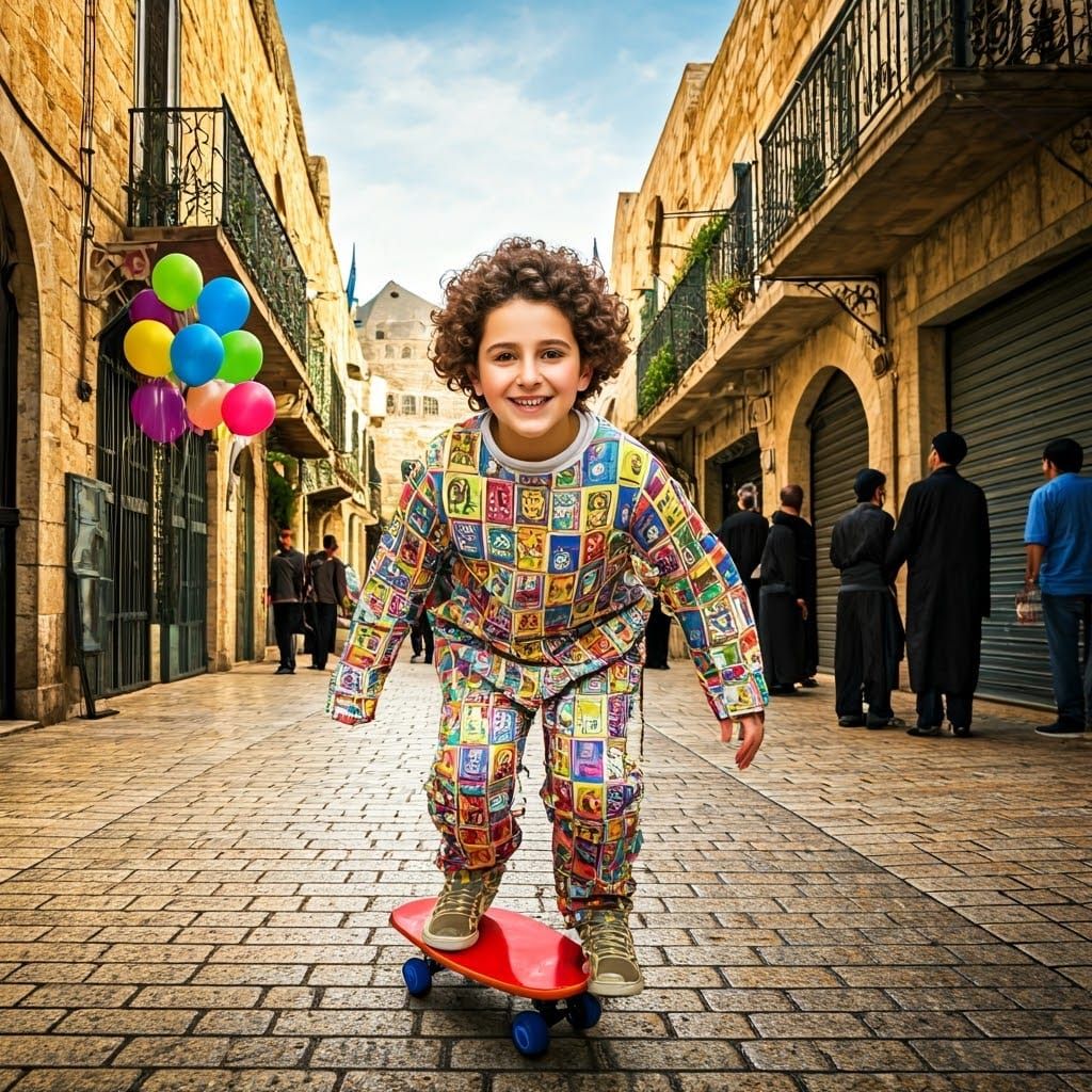 Joyful Hasidic Boy Celebrates Purim in Vibrant Jerusalem Str...