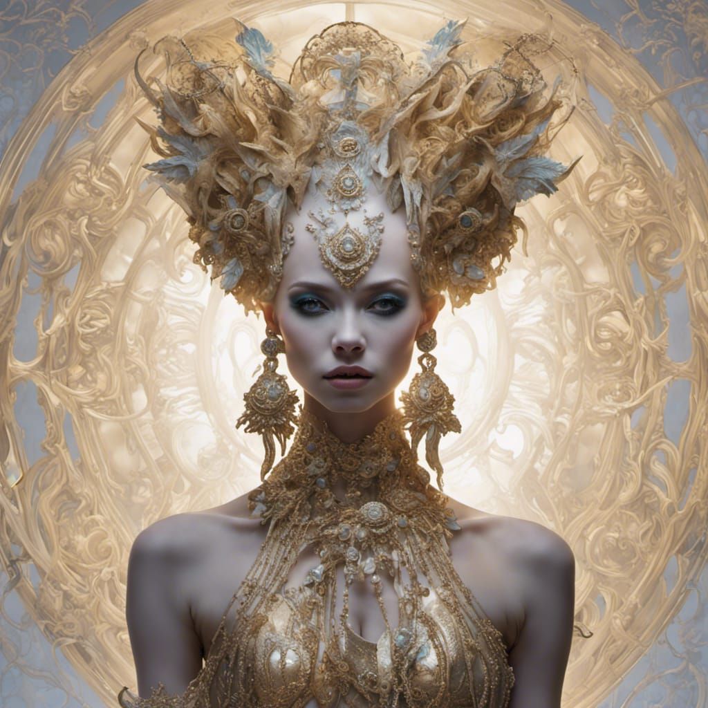 symmetrical paper sculpture of a tribal priestess of skulls. natalie