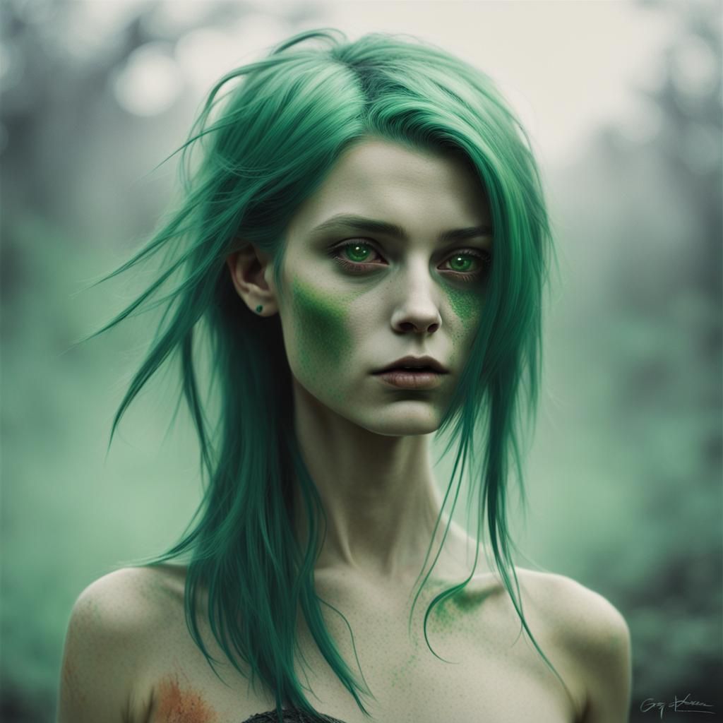 Girl, green hair, bare, skin of mist - AI Generated Artwork - NightCafe ...