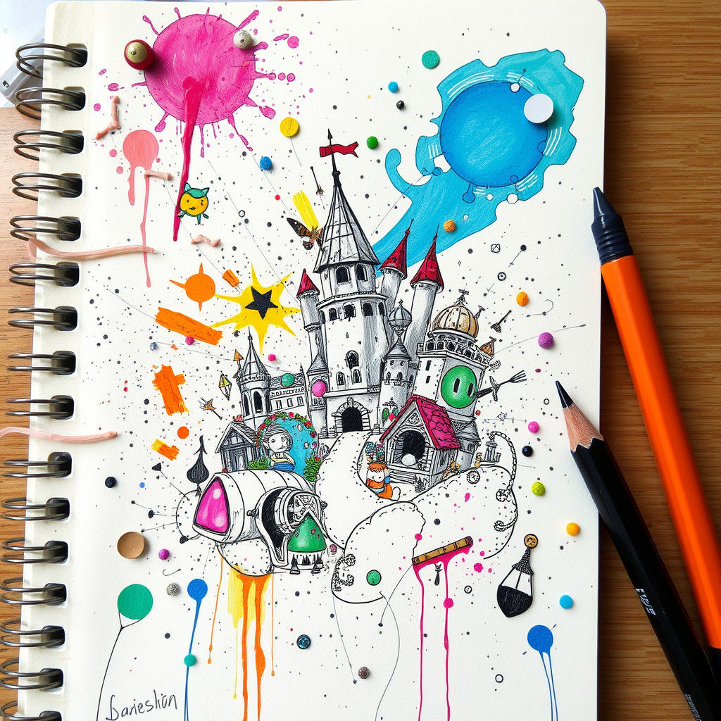 A chaotic classroom doodle scene, filled with tiny worlds and characters coming to life on a notebook ...  by @KRoseCarol