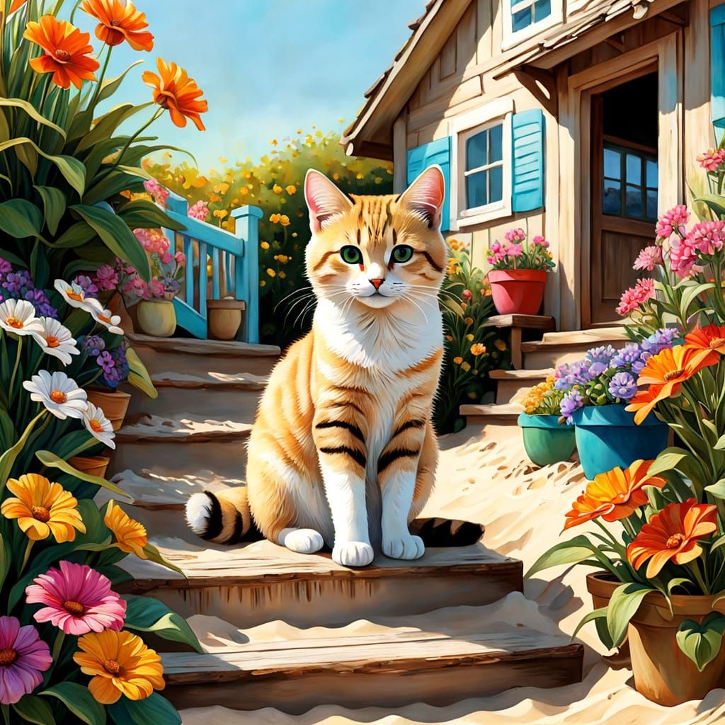 Ginger the Cat Walks up the Steps.