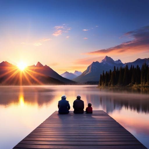Three generations on the dock at sunset