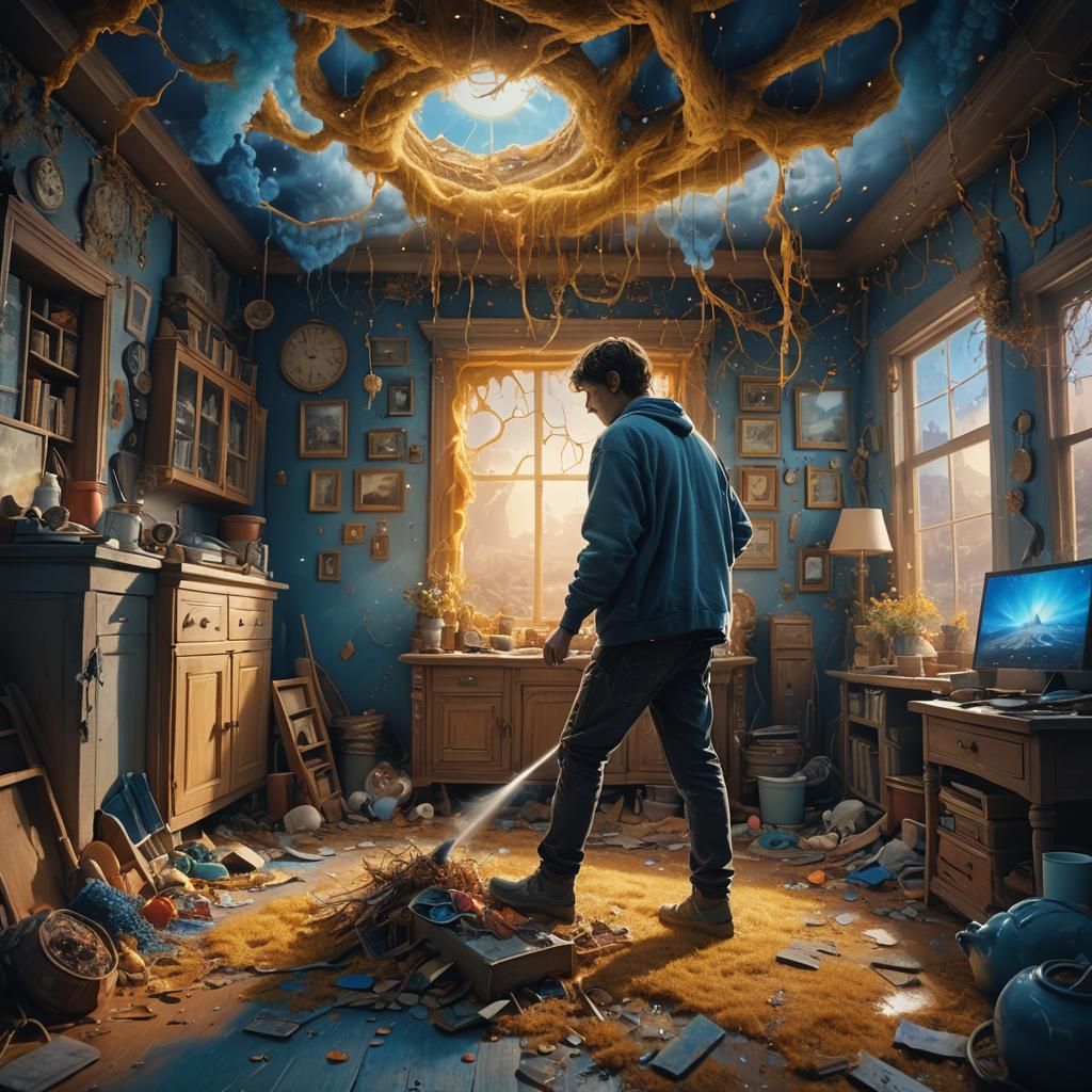 Person Tidies House in Surreal, Detailed Matte Painting