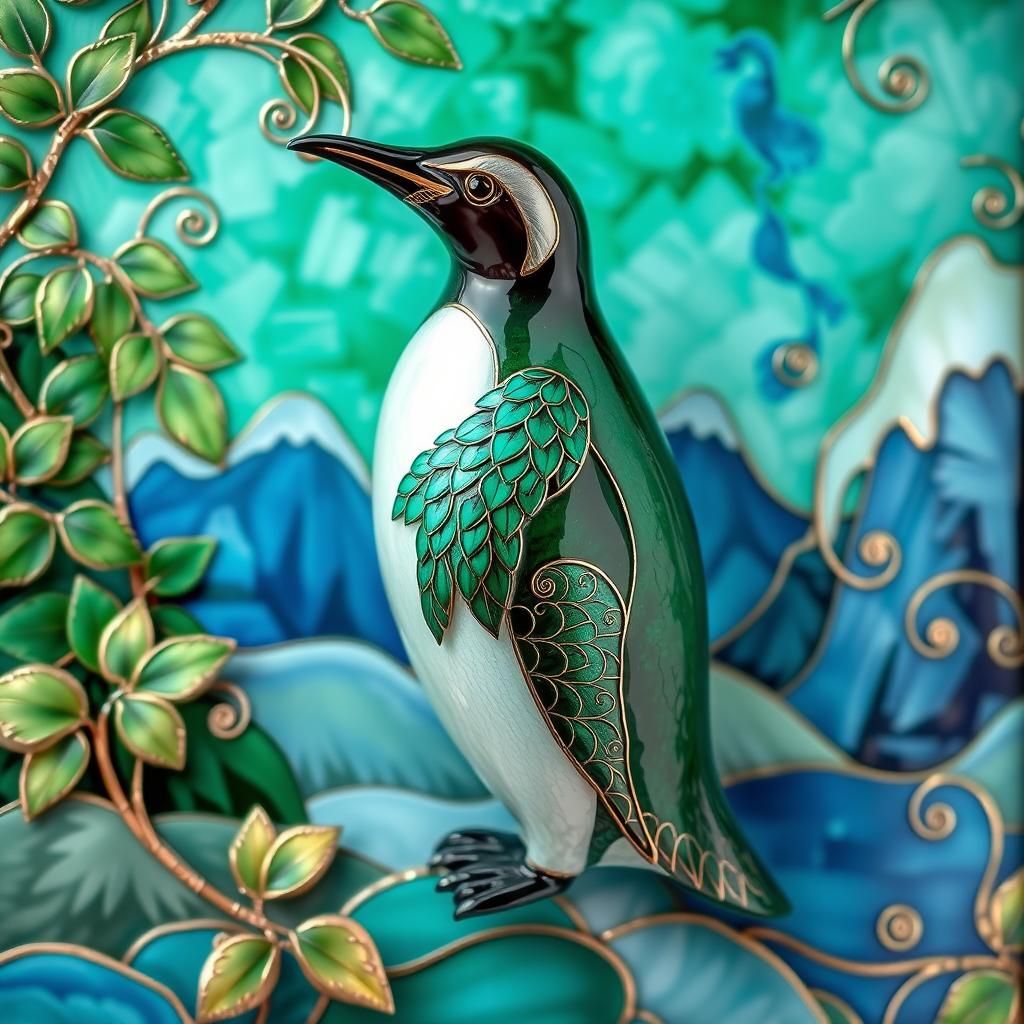 Ultra fine enameled glass emerald pinguin with enameled landscape pattern that capture lights   by @Omarito 