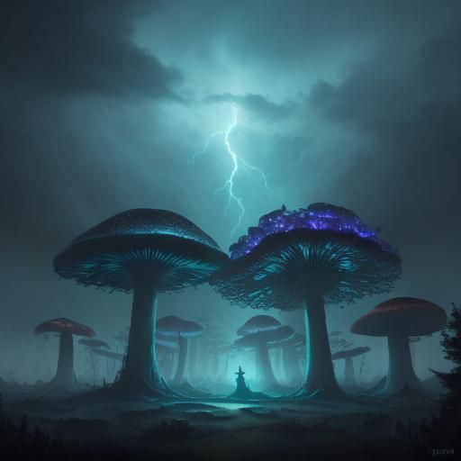 Mystical Forest Landscape with Glowing Mushroom