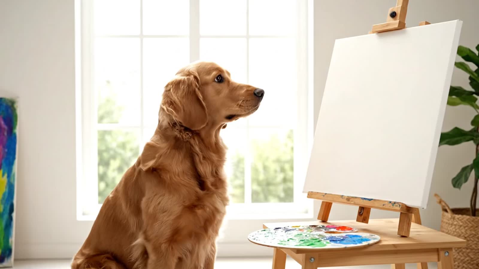 A dog becomes fuzzy with and afro perm and starts painting happy trees,