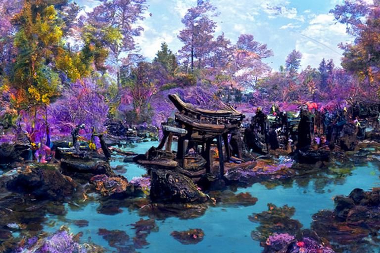 japanese landscape in watercolor with a fairy garden, ink landscape  painting created digitally Generative AI Stock Illustration