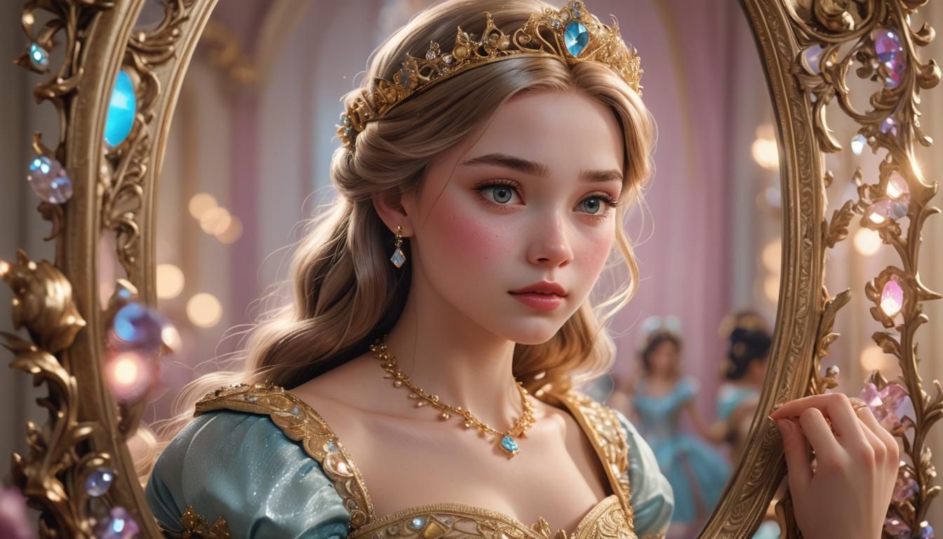 beautiful Disney princess looking her face in a mirror