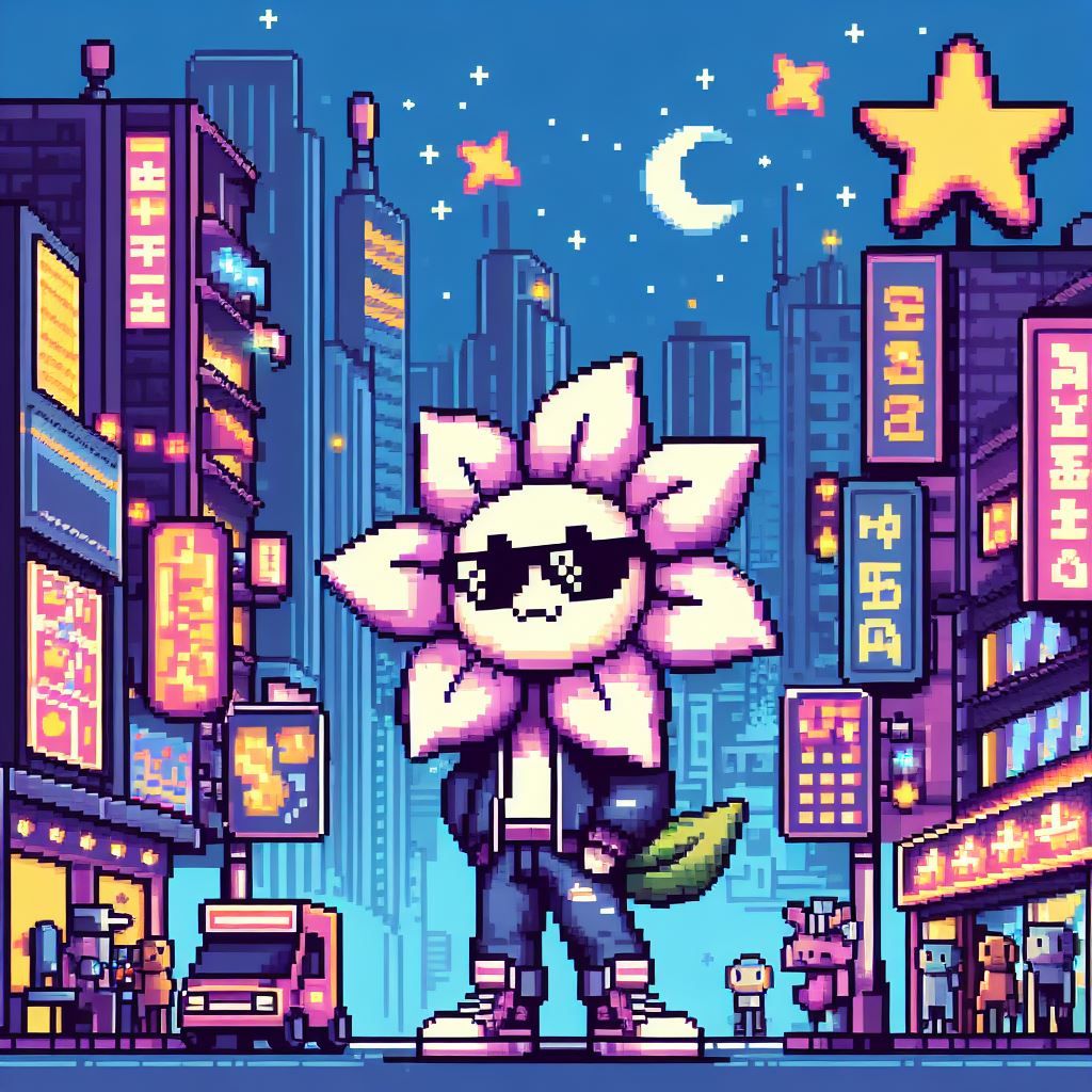 Flower man in pixel city