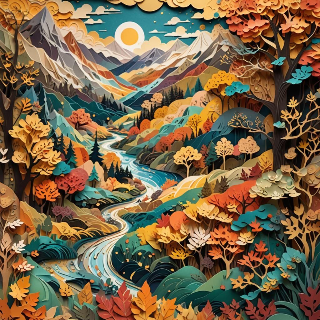 A  Fall paper collage, deep color, fantastical, intricate detail, splash screen, complementary colors, ...  by @Creative Nomad