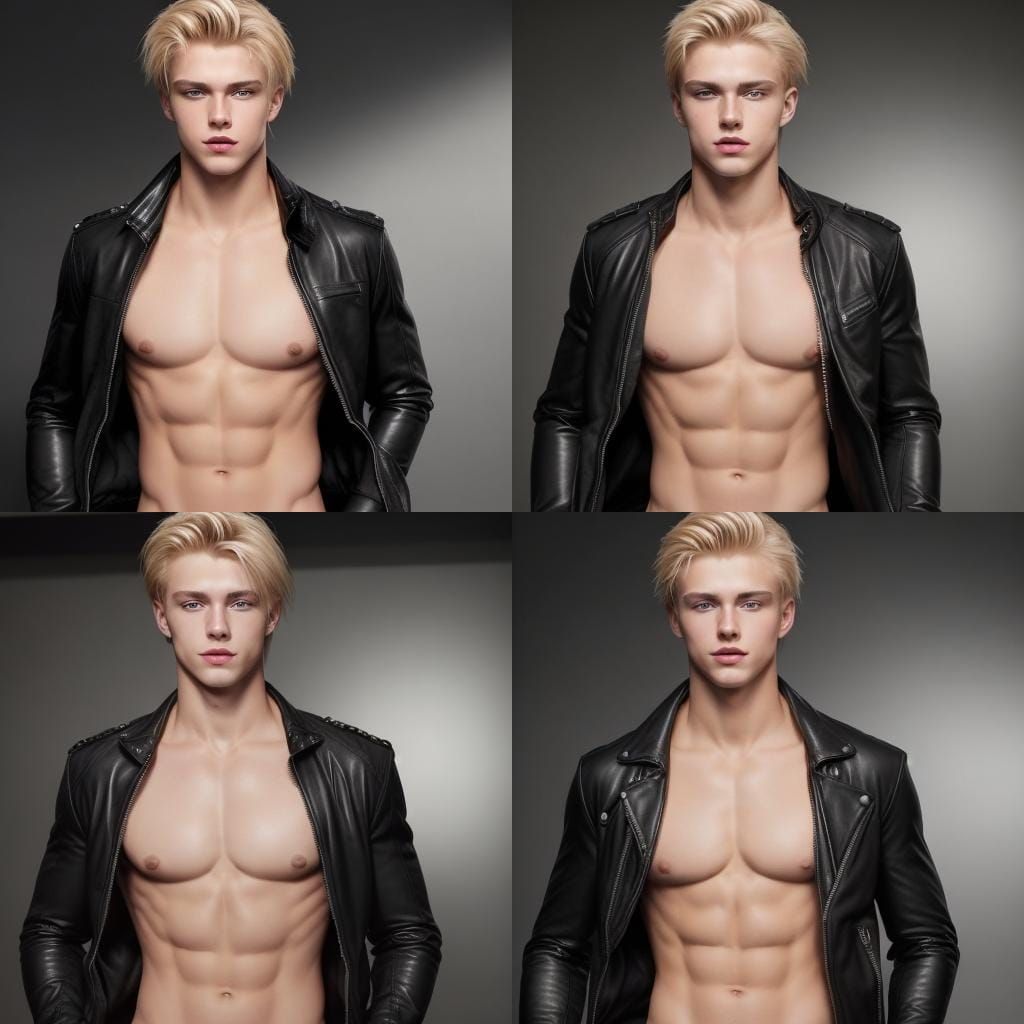 handsome, shirtless, muscular 20-year-old blond man wearing black leather  jacket completely unzipped, no shirt underneath - AI Generated Artwork -  NightCafe Creator