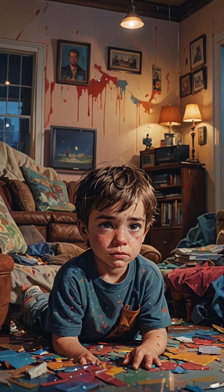 1 little boy, solo, realistic, indoor, house, night, looking...
