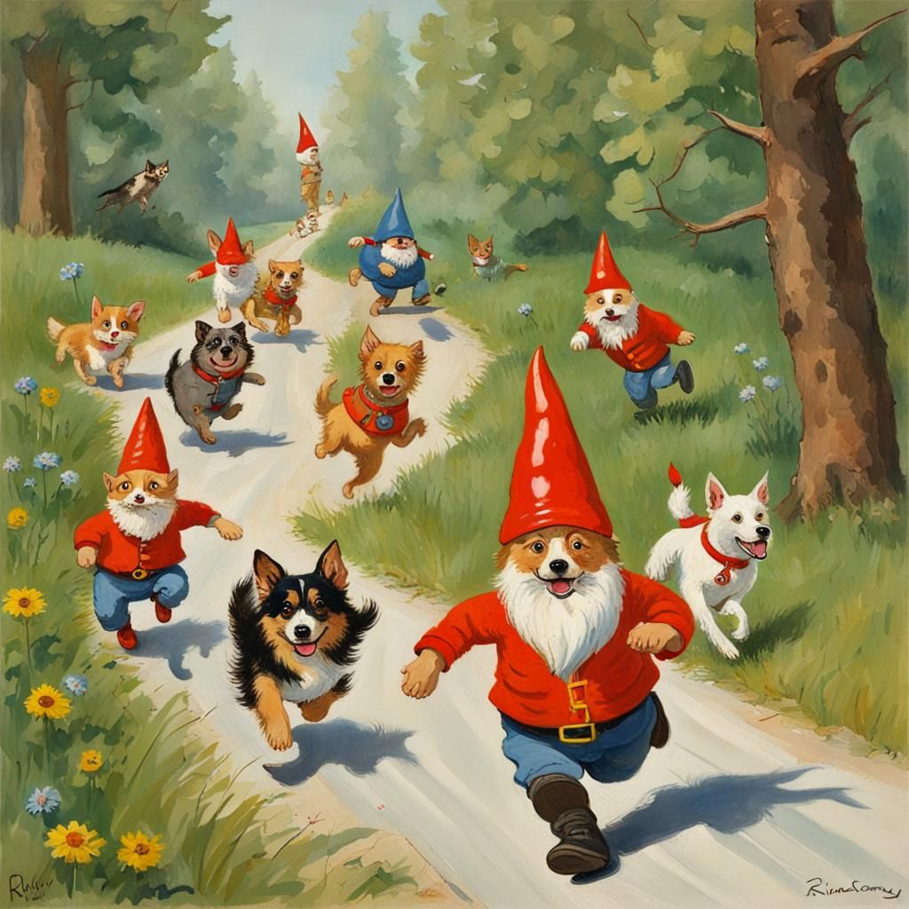 Gnome-dogs chasing the postman.
