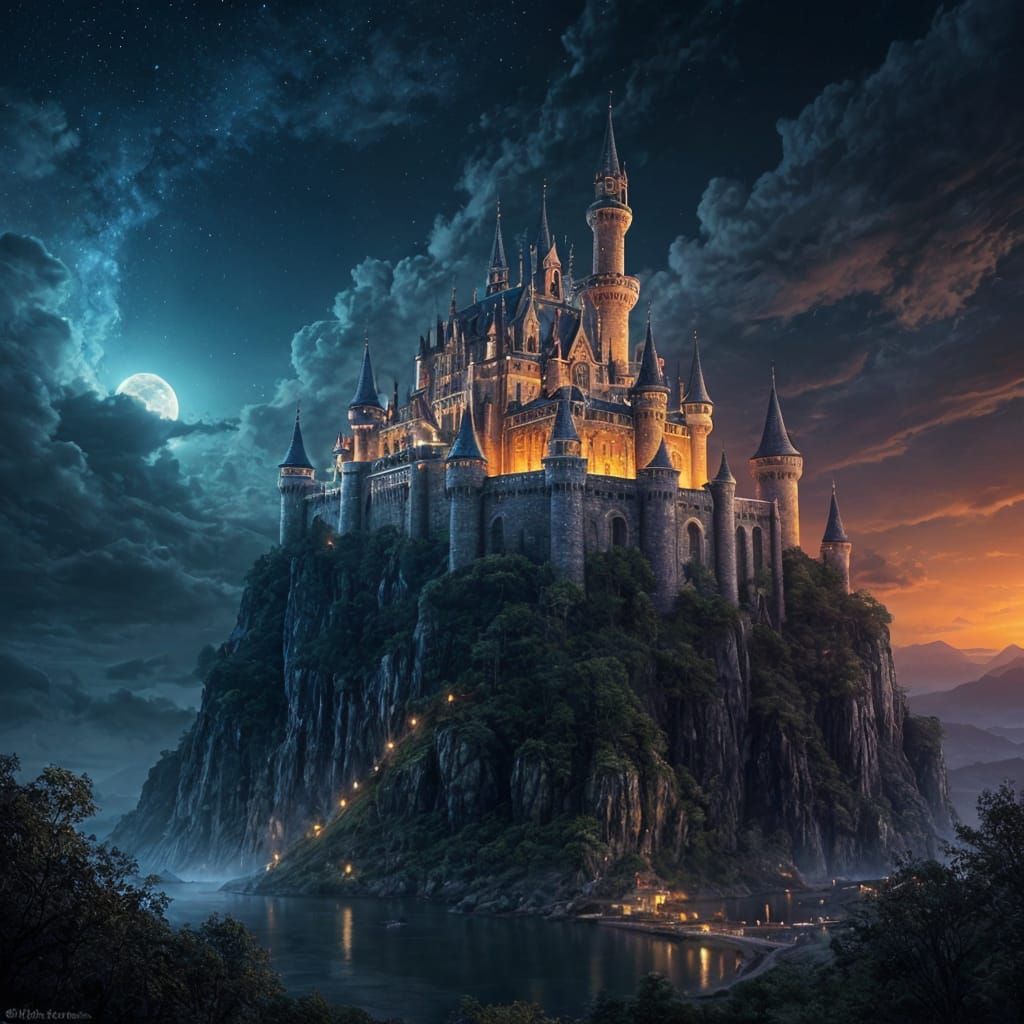 Illuminated Castle at Night: Digital Fantasy Art