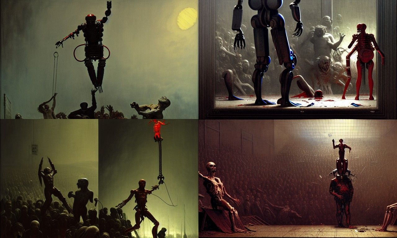 "Horrific humanoid robots torturing hideous monsters for spo...