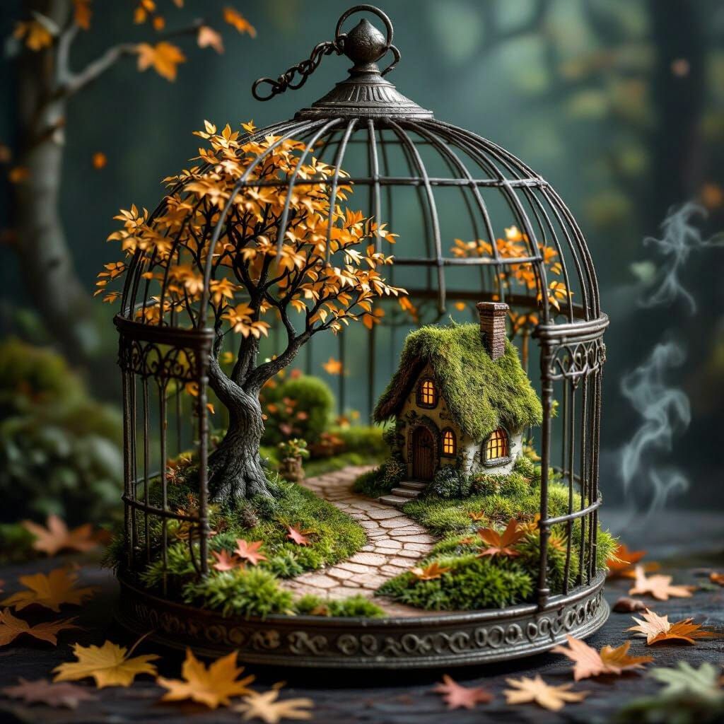 A small, whimsical cottage scene contained within an antique, open birdcage.   by @VoxAeternum