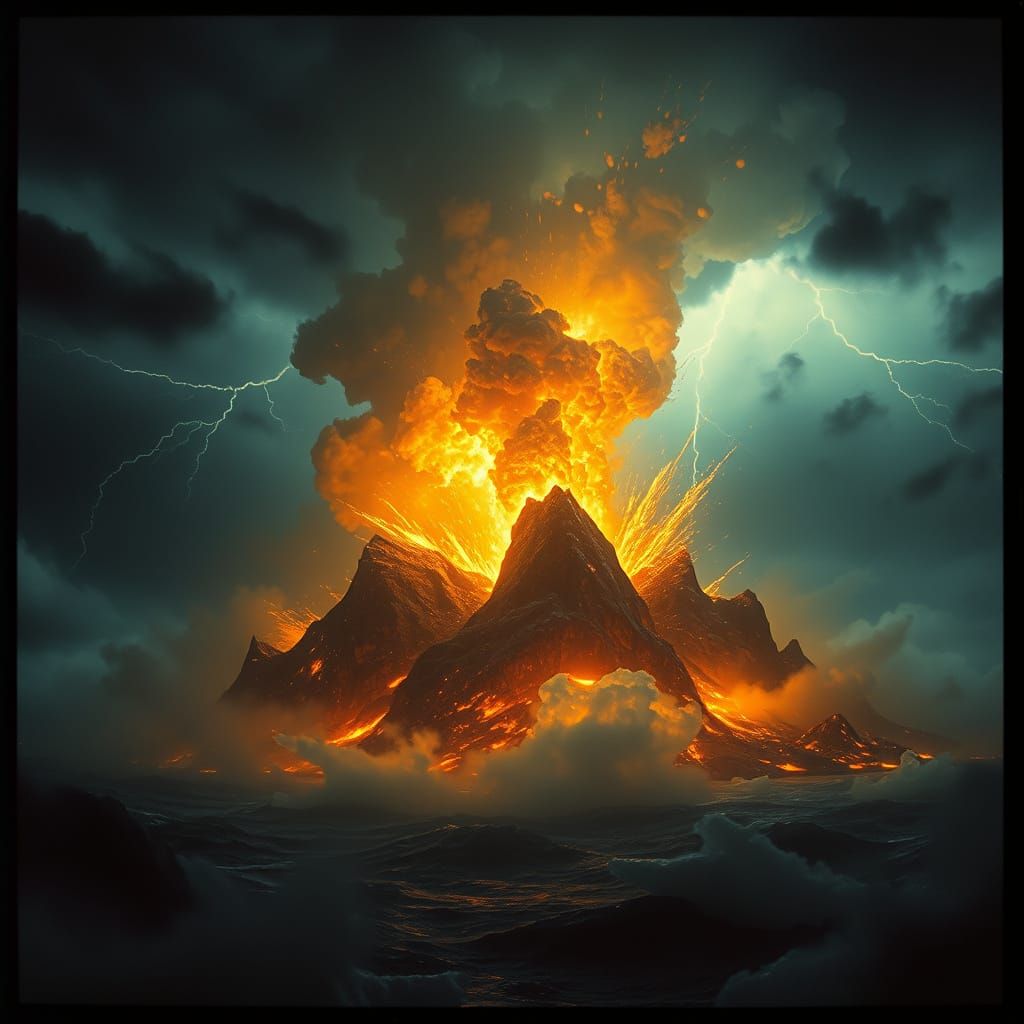 ice and fire on a dark island on a stormy night with explosions of both ice and fire around them without people