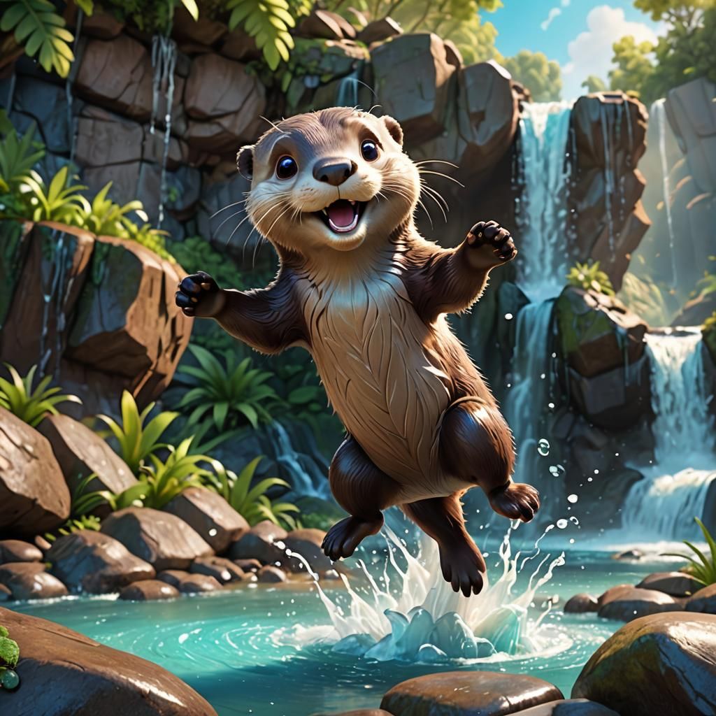 Adorable happy CGI cartoon otter jumping down a waterfall - AI ...