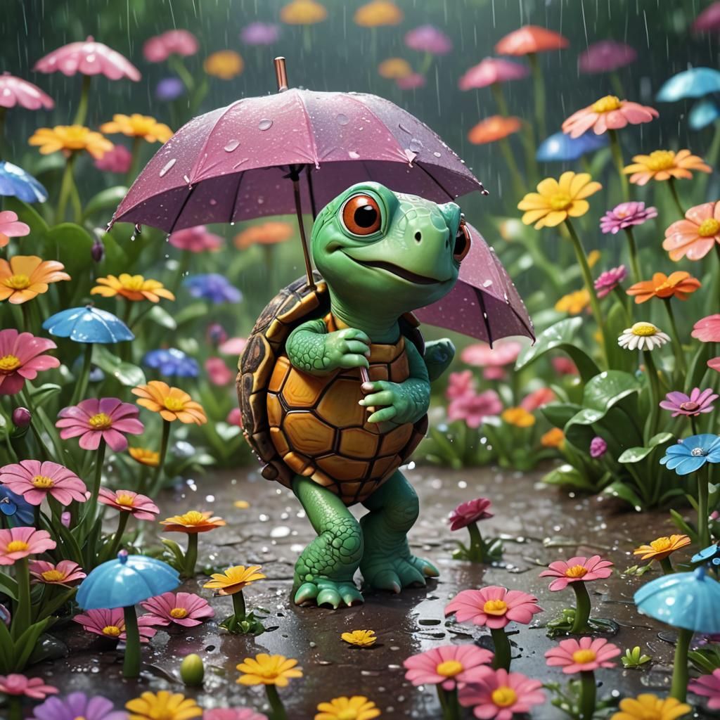 A turtle with an umbrella playing in the rain