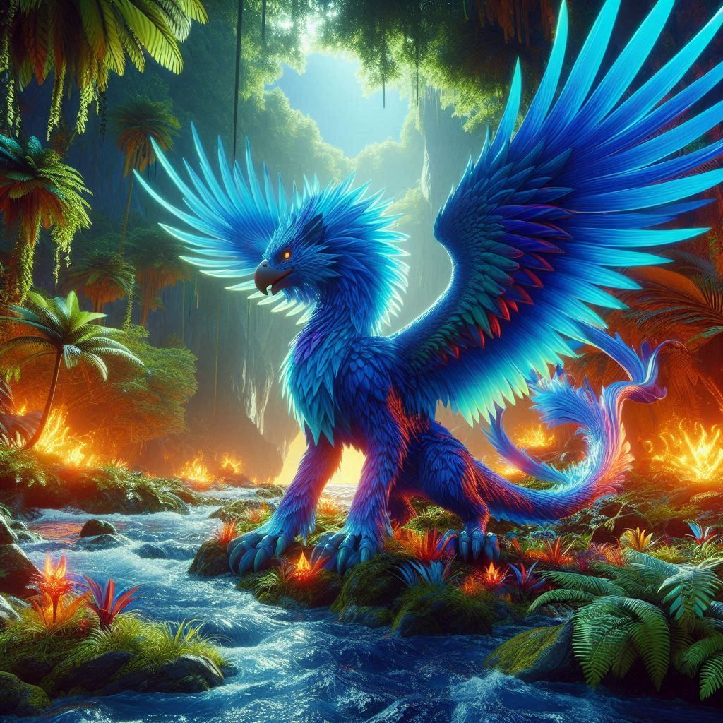 A majestic blue fire griffin with iridescent feathers stands proudly in a lush, vibrant tropical riverbed, surrounded by exotic foliage and ...