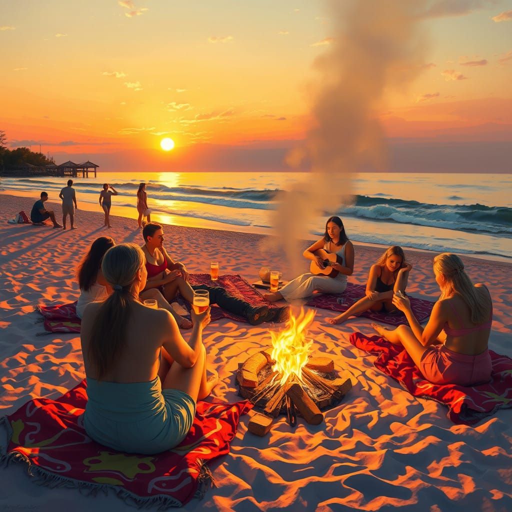 Bonfire on the beach, people drinking beer, someone playing acoustic guitar   by @Ashton 