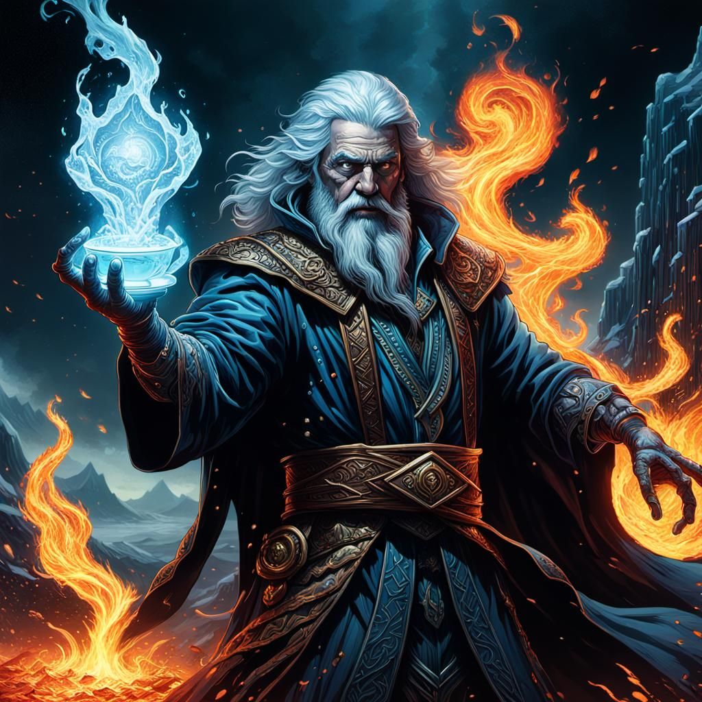 An Elemental Wizard using Fire and Ice Magic From each Powerful Hand ...