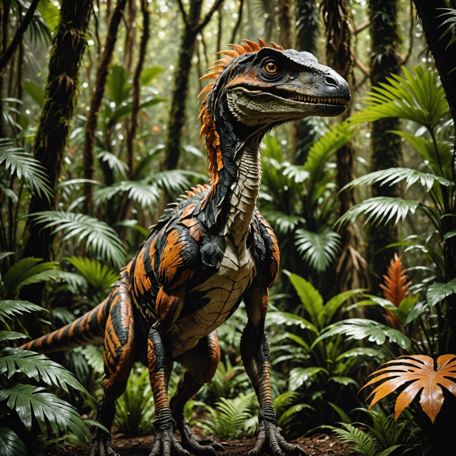 A realistic depiction of a Velociraptor standing in a lush jungle. The dinosaur is covered in vibrant, ...  by @undefined