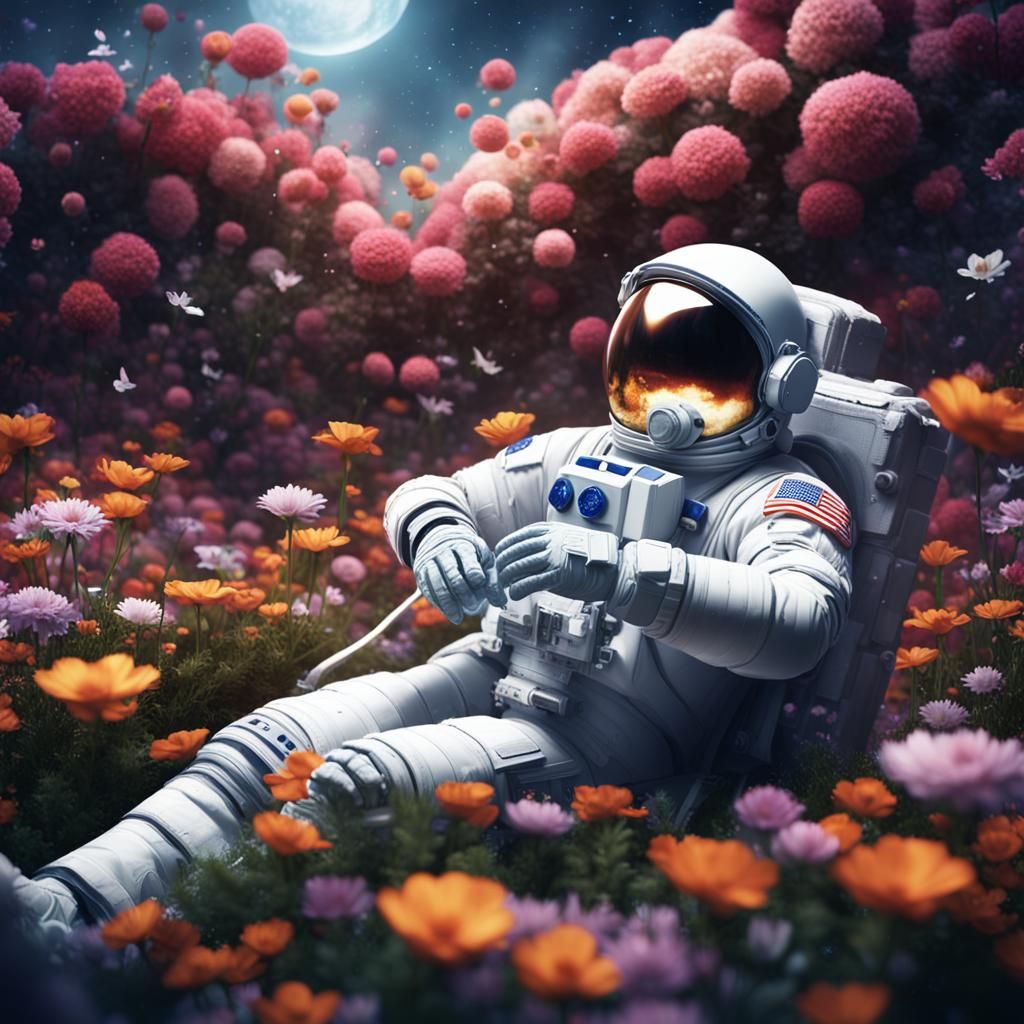 An astronaut lying in a garden of flowers. The universe is r...