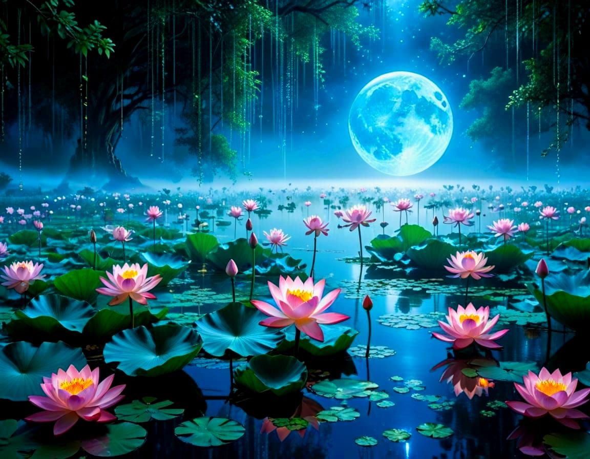 Surreal Magical Dystopia, mythical realms, lotus, pond, full moon, radiant, perfect, illuminated, luminescent... ...  by @Hugo Raul