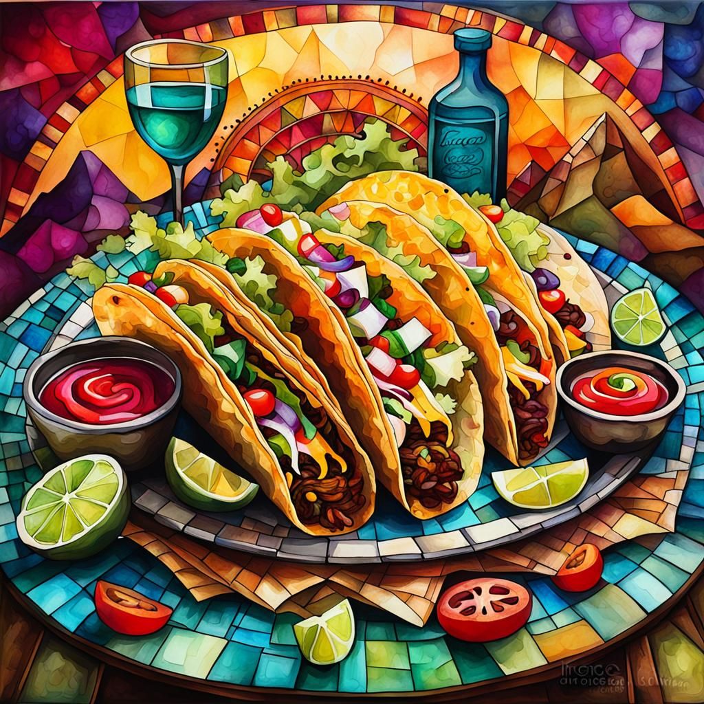 Mexican cuisine- taco bar alcohol ink, beautiful, intricately detailed, cubism details and background ...  by @PJs AiArt
