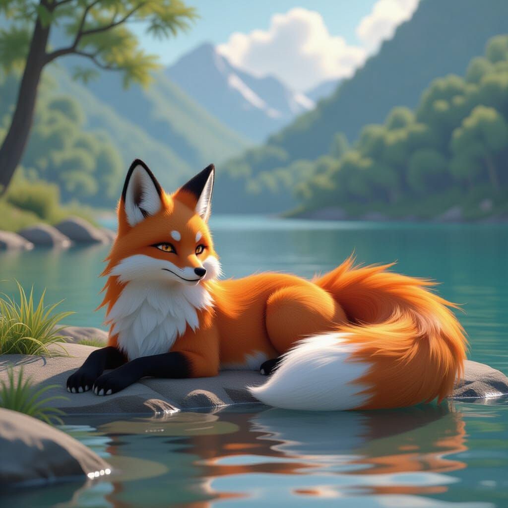 Seductive Nine-Tailed Fox by Lake in Anime 3D Style