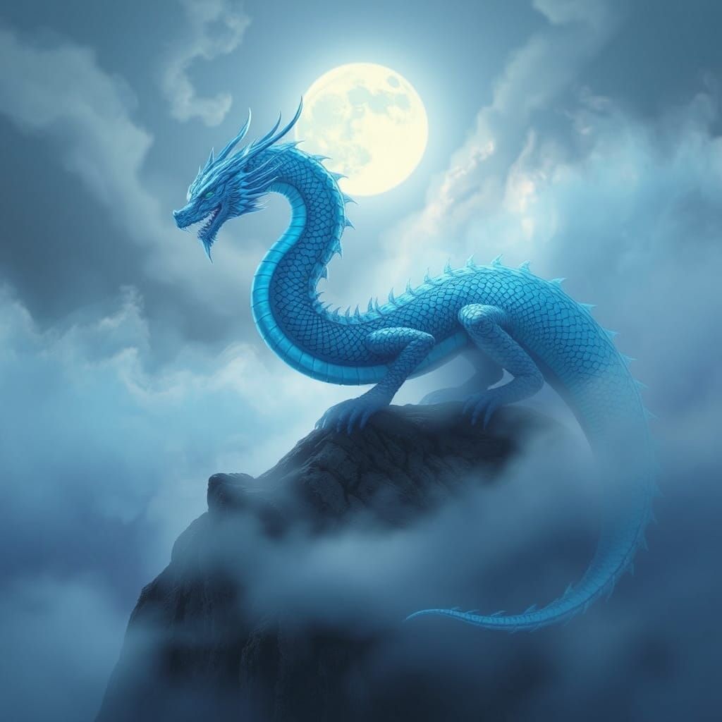 A blue-scaled dragon, iridescent, on a foggy mountainside, fantasy, mysterious