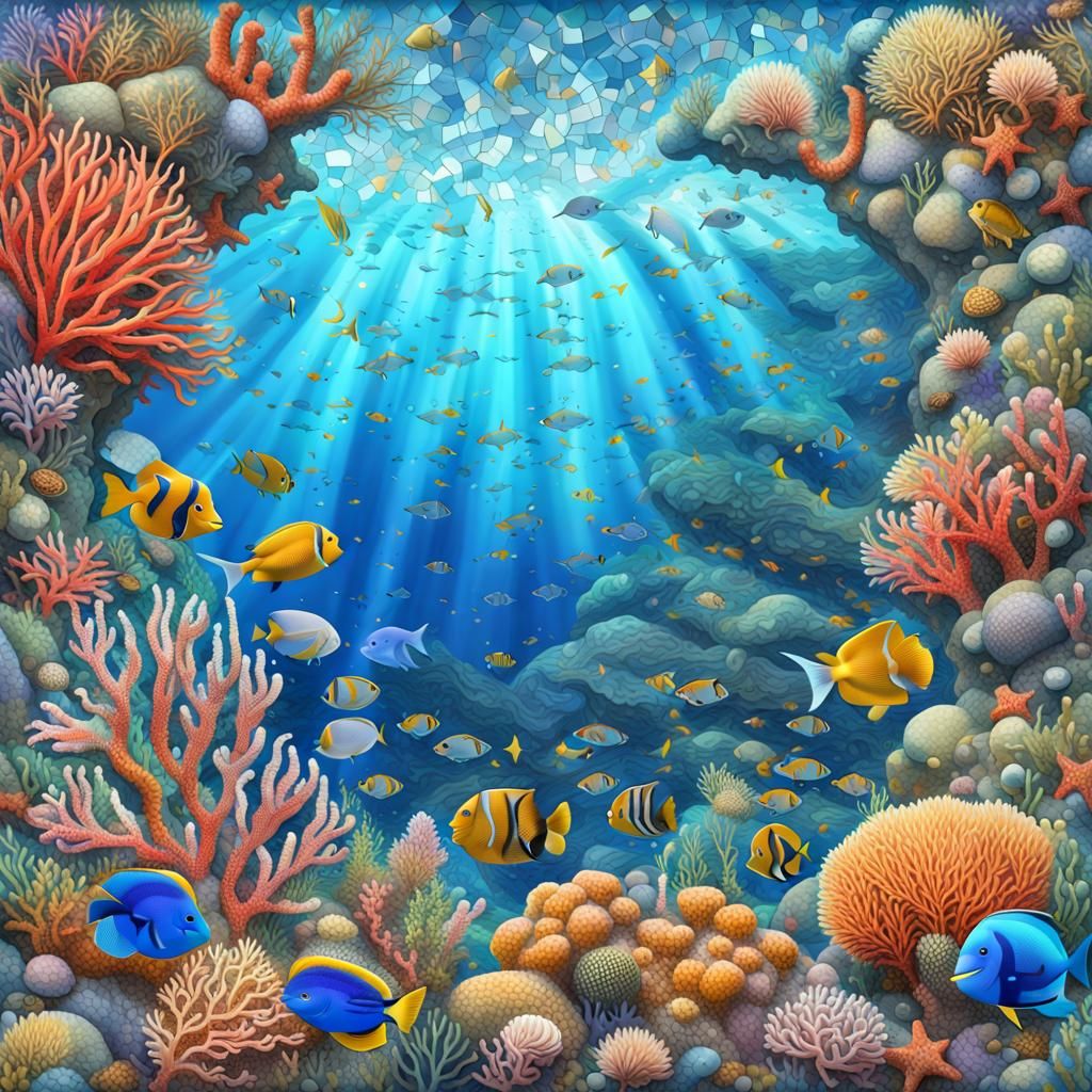 marine life mosaic, coral reefs, and underwater scenes, hype...